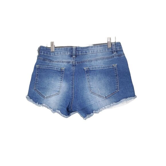 BONGO Womens Denim Shorts SZ Jr. 9 Medium Wash Raw Hem Distressed‎ Lace Y2K - Picture 2 of 8